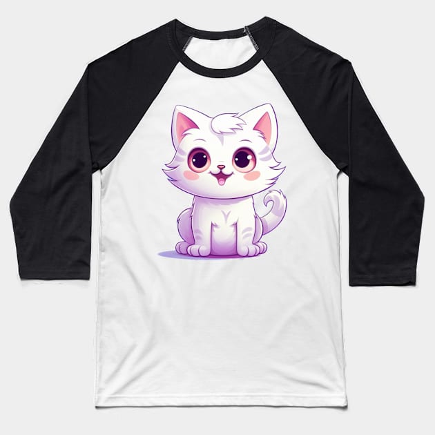 Cute Cartoon White Tabby Kitten Baseball T-Shirt by EpicFoxArt